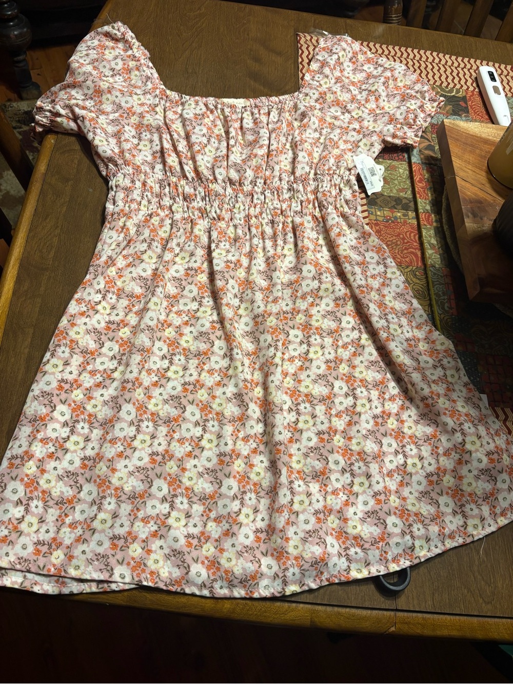 Alterd State Floral Puff-Sleeve Smocked Waist Dress - Pink/Peach